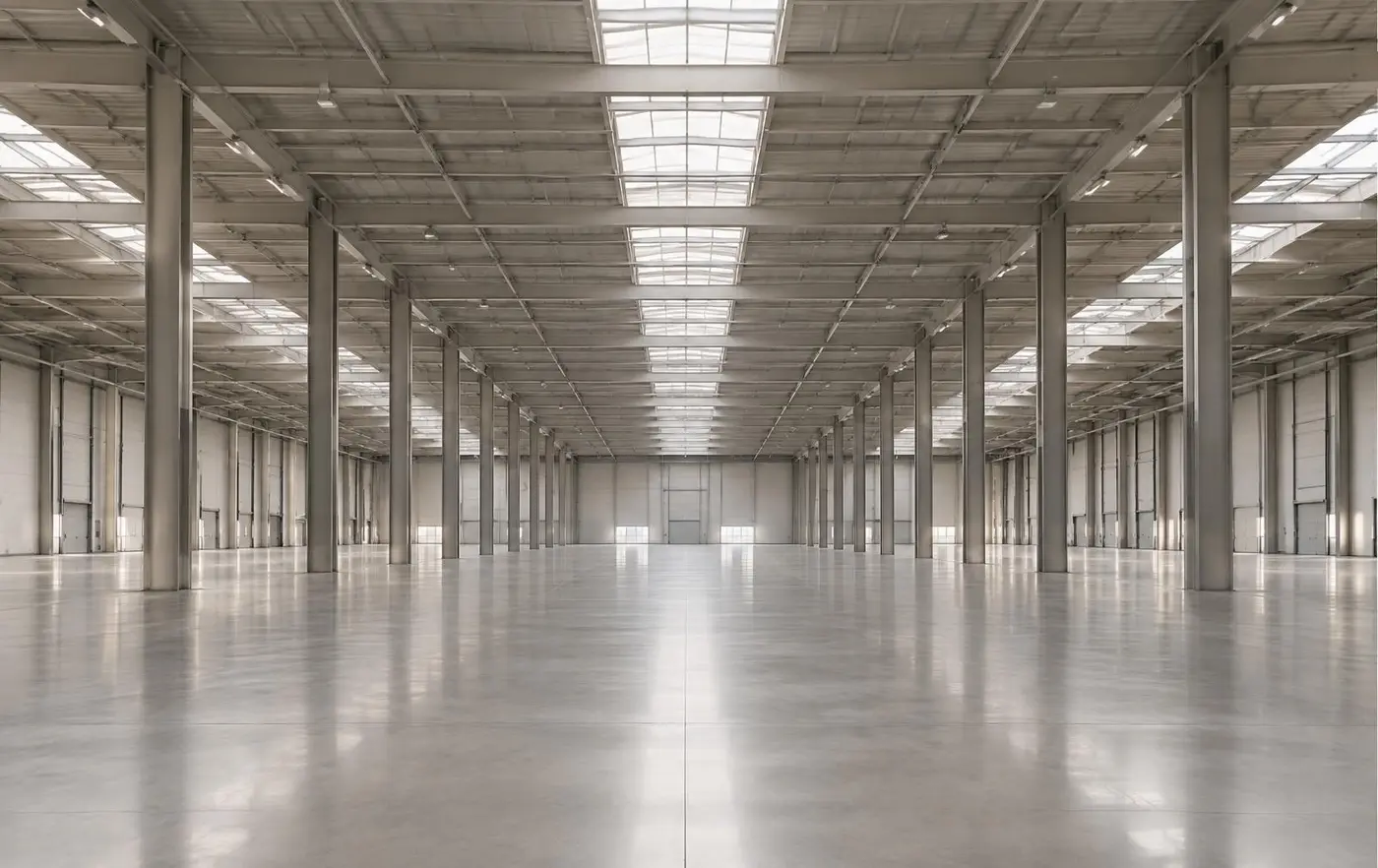 Vast empty modern warehouse with a precise grid of steel columns