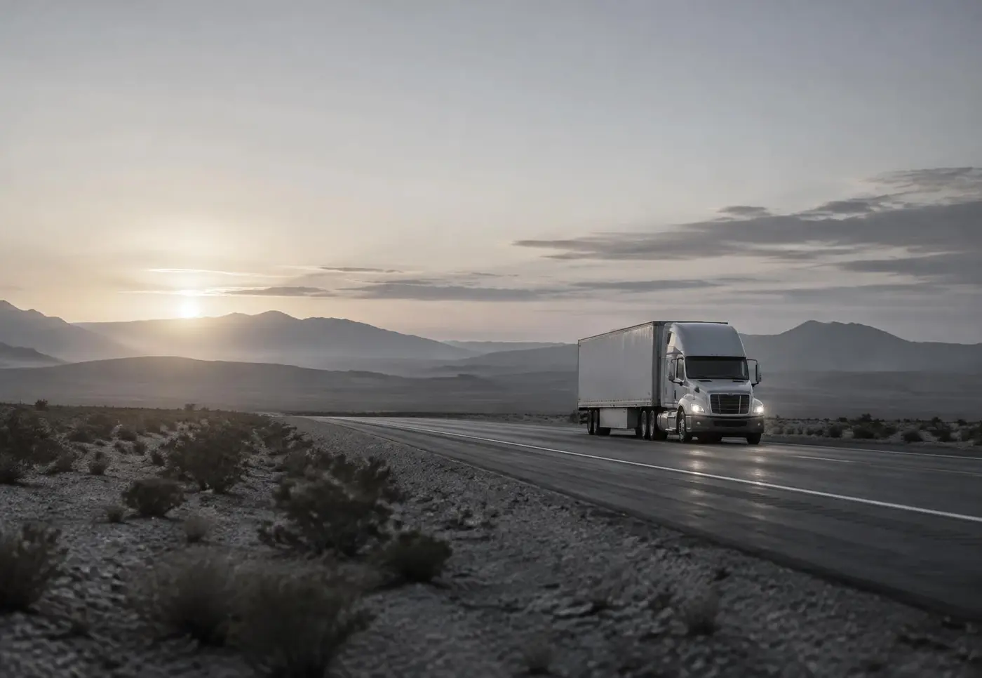 Truck and trailer on an open desert highway at dawn