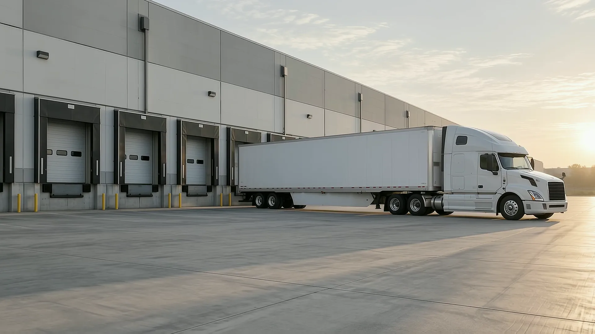 White semi truck pulling away from distribution center loading docks in early morning light